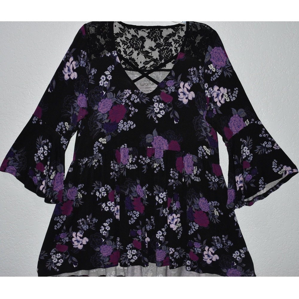 Torrid Super Soft Knits Floral Lace‎ Babydoll Top Black Purple Bell Sleeve 0
